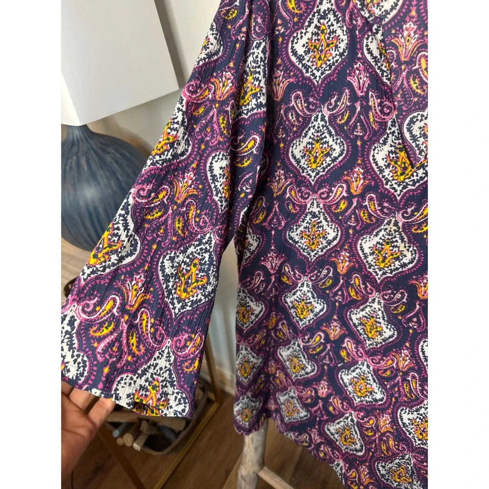 Women's J.Crew Paisley Boho Split Neck Tunic lightweight cotton knit size XL